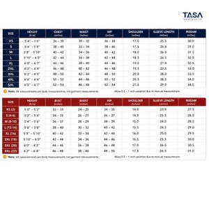 Puede incluir: Una tabla de tallas de TASA Industries Ltd. con dos secciones para tallas de XS a 5XL y de XS a 4XL. Las tablas enumeran las medidas corporales en pulgadas para altura, pecho, cintura, cadera, hombro, largo de manga y entrepierna, con notas.
