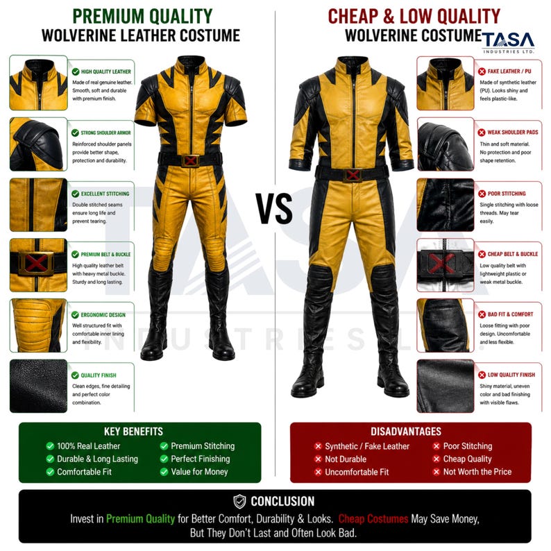 Puede incluir: Una infograf&iacute;a comparativa con dos disfraces de Wolverine en amarillo y negro. El lado izquierdo muestra una versi&oacute;n de cuero premium con detalles de costuras, armadura y hebillas. El lado derecho muestra una versi&oacute;n sint&eacute;tica de baja calidad.