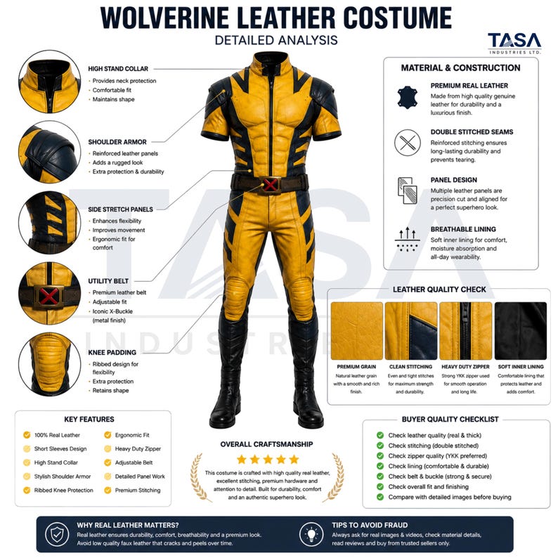 Puede incluir: Un disfraz de cuero amarillo y negro con cuello alto, mangas cortas, hombreras, paneles laterales el&aacute;sticos, un cintur&oacute;n utilitario con hebilla en X y rodilleras acanaladas. La imagen incluye an&aacute;lisis de texto detallado y diagramas.