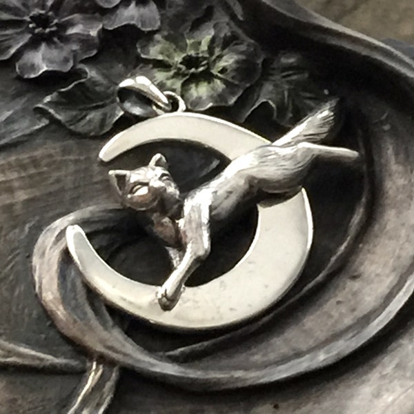 Sterling Silver Cat Leaping Over Moon, Vintage Kitten Jewelry