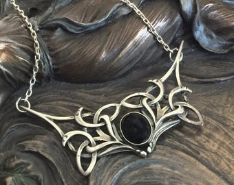 Sterling Silver Onyx Choker Necklace, Vintage Mystical Jewelry, Celtic Pendant