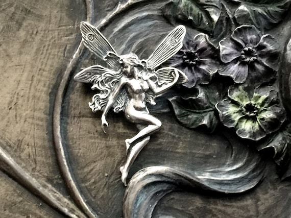 Art Nouveau Fairy Pin Brooch, Vintage Sterling Si… - image 2