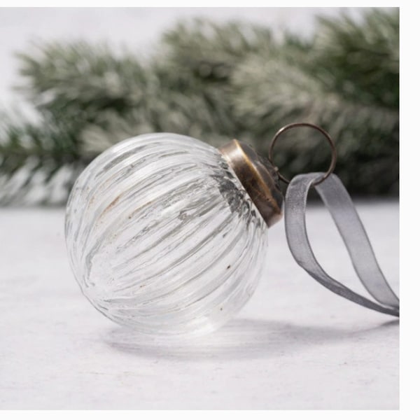 Clear Glass Ribbed Ornament, Bohemian Christmas Decoration, 2 Inch Medium Size