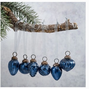 Set of 6 Mixed Old Navy Blue Crackle Glass Ornaments, Small Bohemian Christmas Decorations