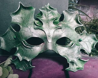 Vintage Green Man Leather Mask, Layered Costume Accessory