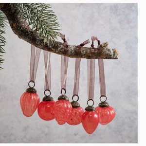 Set of 6 Peach Colored Glass Ornaments, Bohemian Christmas Decoration