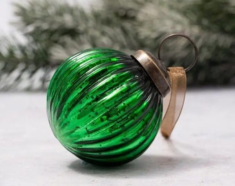 Emerald Green Colored Glass Ribbed Ornament, Bohemian Christmas Decoration, 2 Inch Medium Size