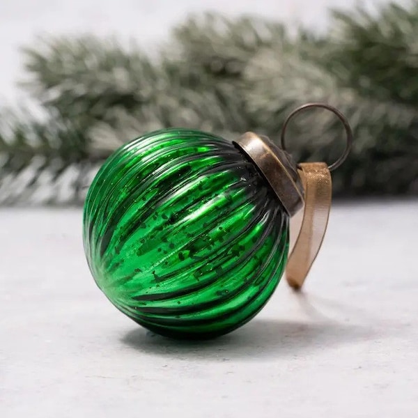 Emerald Green Colored Glass Ribbed Ornament, Bohemian Christmas Decoration, 2 Inch Medium Size