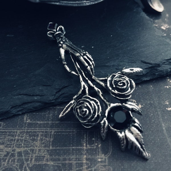 Large Alchemy Gothic Bouquet Noir Pendant, Hand and Black Roses + Crystals