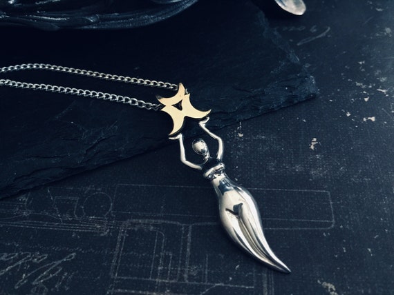 Vintage Triple Moon Goddess Pendant Necklace Sterling Silver
