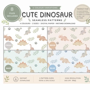 Könnte beinhalten: Digitale nahtlose Muster mit niedlichen Dinosaurier-Designs in Creme, Beige, Salbei und Blau. Die Muster zeigen Dinosaurier-Illustrationen, Fußabdrücke und Blätter. Das Bild enthält den Text "Cute Dinosaur Seamless Patterns".