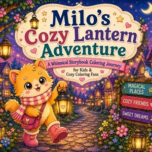 Può includere: Illustrazione colorata per la copertina di un libro per bambini, "Milo's Cozy Lantern Adventure". Raffigura un gatto dei cartoni animati con una lanterna, una sciarpa e stivali. Lo sfondo mostra una città stravagante con lanterne e il testo "A Whimsical Storybook Coloring Journey".