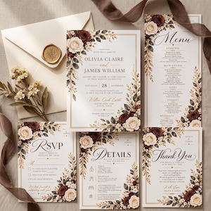 Może przedstawiać: Zestaw papeterii ślubnej zawierający zaproszenie, menu, kartę RSVP, kartę z informacjami oraz podziękowanie. Każdy element ma kremowe tło, złotą ramkę oraz ilustracje kwiatowe przedstawiające bordowe i białe róże z ciemnozielonymi liśćmi.