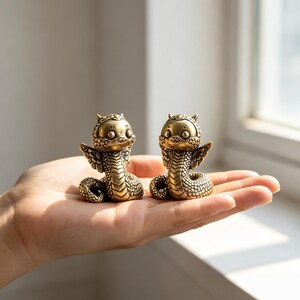 Pode incluir: Duas pequenas figuras de latão metálico em forma de criaturas míticas com corpos de serpente, grandes olhos redondos e pequenas asas. As figuras apresentam texturas de escamas detalhadas nos corpos e cabeças, com um acabamento dourado.