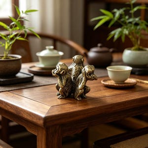 Puede incluir: Una escultura de bronce de tres monos sentados. Los monos están agrupados sobre una mesa de madera, con juegos de té y plantas en el fondo. La escultura es un objeto decorativo.