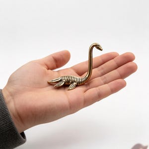 May include: A small, metallic, bronze-coloured figurine of a plesiosaur with a long neck, a streamlined body, and four flippers. The creature features detailed etched lines along its back and sides, capturing the form of a prehistoric marine reptile.