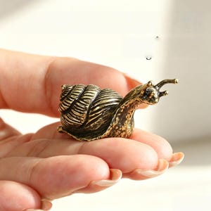 Puede incluir: Una pequeña figura de caracol de latón de estilo antiguo con una concha en espiral detallada y un cuerpo texturizado. El metal tiene una pátina oscura y desgastada con reflejos dorados en las superficies elevadas.