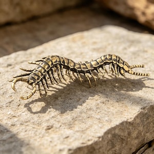 May include: A metallic brass-toned centipede figurine featuring a segmented body, numerous small legs, and two prominent curved pincers at the front. The sculpture has a weathered, antique finish with dark recessed details between the segments.