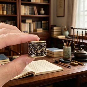 May include: A small, cylindrical, bronze-coloured container with intricate dragon and floral relief carvings. The container has a gold-coloured rim. The background includes a wooden desk, books, and calligraphy supplies.