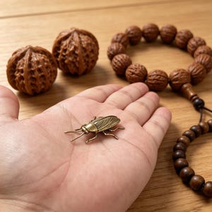 Puede incluir: Una pequeña figura de insecto de color latón se sostiene en una mano, con nueces y una pulsera de cuentas de madera en el fondo. El insecto tiene patas, antenas y patrones de alas detallados. Las nueces son marrones y texturizadas.