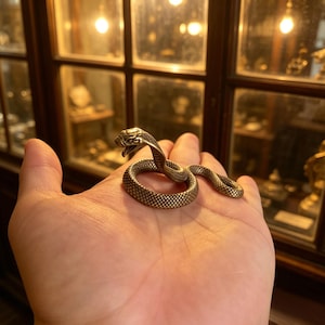 Pode incluir: Uma detalhada figura de cobra em latão, enrolada e em pé, com a boca aberta. A cobra está apoiada na palma da mão, mostrando suas escamas texturizadas e seu design intrincado. O fundo é um interior desfocado com iluminação quente.