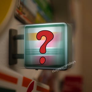 Puede incluir: Un letrero cuadrado montado en la pared con un efecto de desenfoque de movimiento que presenta un signo de interrogación rojo grande y negrita centrado. El letrero tiene un marco de color claro e incluye el texto Happysevendays en letras blancas.