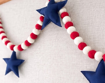 Patriotic Felt Ball Garland, Red White Blue Stars, Farmhouse Holiday Decor
