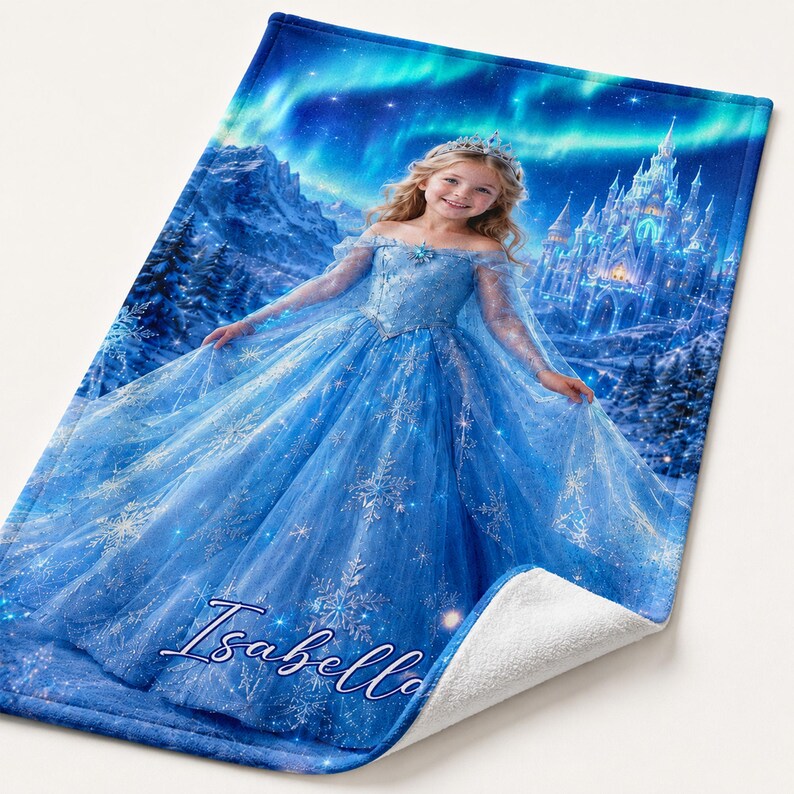 Op de afbeelding: Een blauwe deken met een meisje in een blauwe jurk en kroon, tegen een achtergrond van een kasteel en het noorderlicht. De naam "Isabella" staat in cursief op de deken.