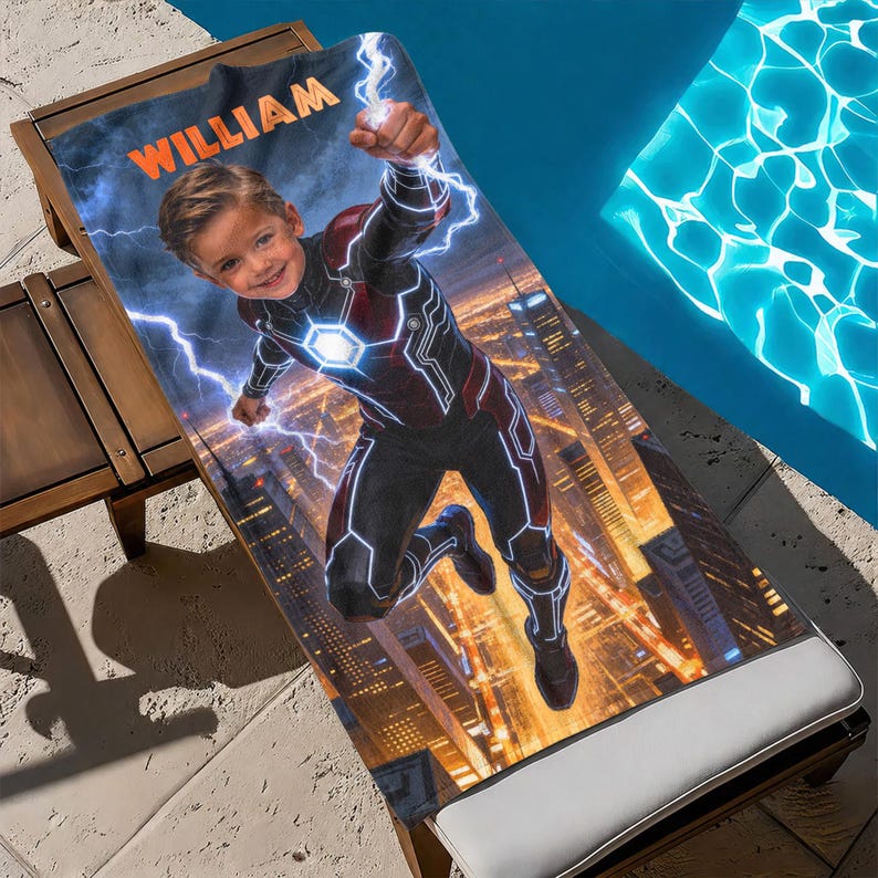 Puede incluir: Una toalla de playa personalizada con un dise&ntilde;o de superh&eacute;roe y el nombre "WILLIAM" en naranja. La toalla muestra a un ni&ntilde;o con un traje de superh&eacute;roe con rayos, sobre un fondo de paisaje urbano. La toalla est&aacute; sobre una tumbona de madera.