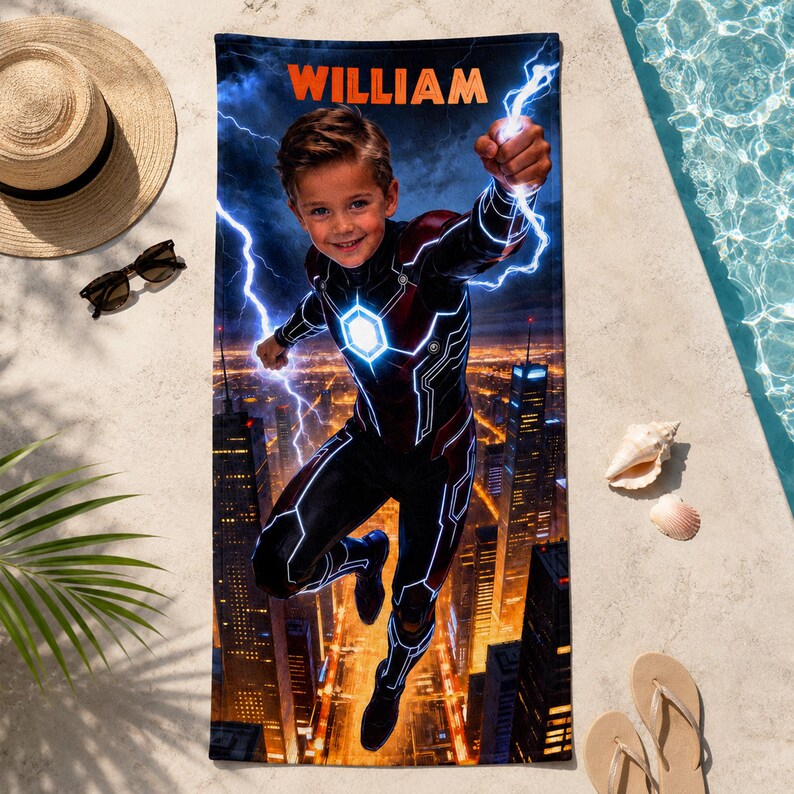 Puede incluir: Una toalla de playa personalizada con un ni&ntilde;o disfrazado de superh&eacute;roe, rel&aacute;mpagos y un fondo de ciudad. El nombre "WILLIAM" est&aacute; impreso en naranja en la parte superior. La toalla es negra con detalles en rojo y blanco.