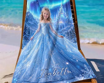 Toalla de playa personalizada de la Princesa Frozen con cara y nombre, pareo de piscina personalizado de Elsa, toalla con foto de la Princesa de Hielo, regalo de verano