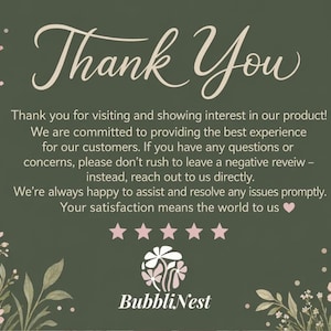 Op de afbeelding: Een donkergroene afbeelding met de woorden "Thank You" in een sierlijk lettertype. De tekst eronder drukt dankbaarheid uit voor het bezoek en de toewijding aan klanttevredenheid. Bevat een logo en een vijfsterrenbeoordeling.