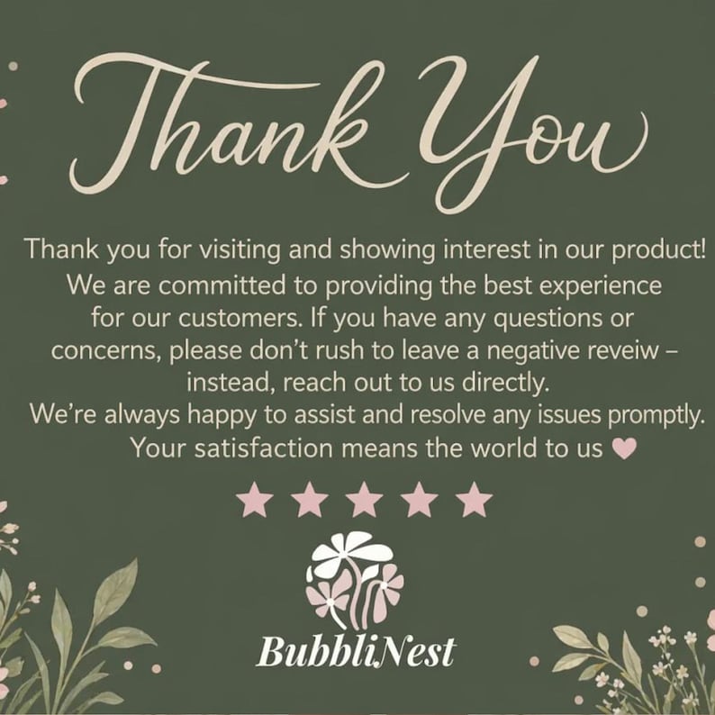 Op de afbeelding: Een donkergroene afbeelding met de woorden "Thank You" in een sierlijk lettertype. De tekst eronder drukt dankbaarheid uit voor het bezoek en de toewijding aan klanttevredenheid. Bevat een logo en een vijfsterrenbeoordeling.