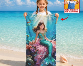 Gepersonaliseerde zeemeermin strandlaken met gezicht en naam, aangepaste foto Ariel prinses zwembadhanddoek, cadeau kleine zeemeermin meisjes