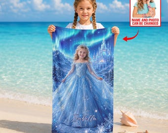 Toalla de playa personalizada de la Princesa Frozen con cara y nombre, pareo de piscina personalizado de Elsa, toalla con foto de la Princesa de Hielo, regalo de verano