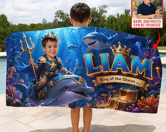 Gepersonaliseerde kinderstrandhanddoek met gezicht en naam, aangepaste foto stranddoek, grappige kinderbadhanddoek, verjaardagscadeau voor jongens