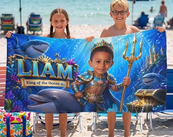 Gepersonaliseerde strandwikkel voor kinderen met gezicht en naam, aangepaste foto badhanddoek, grappig zomercadeau voor kinderen