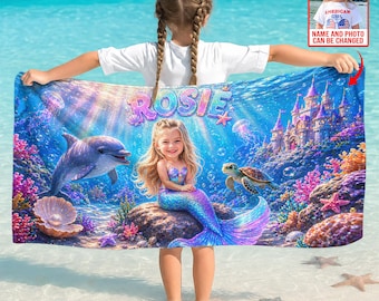 Telo mare personalizzato per bambini con viso e nome – Telo mare personalizzato con foto di sirena, regalo per le vacanze estive per bambine