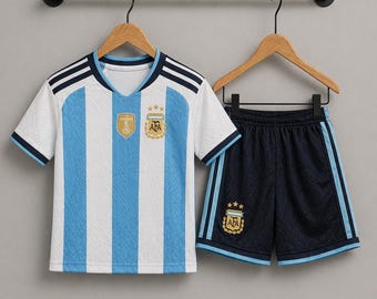 Kids Argentina Inspired Soccer Jersey Shorts Set, Custom Name Number Kit