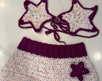 Crochet Rave Set • READY TO SHIP • Cosmic Star Top and Shorts Festival Outfit • Y2K Aesthetic Two Piece • Crochet Bra and Shorts • Star Top