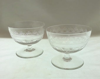 Pair of Fostoria Cloverleaf Needle Etched Low Sherbet Sorbet Berry Dessert Glasses