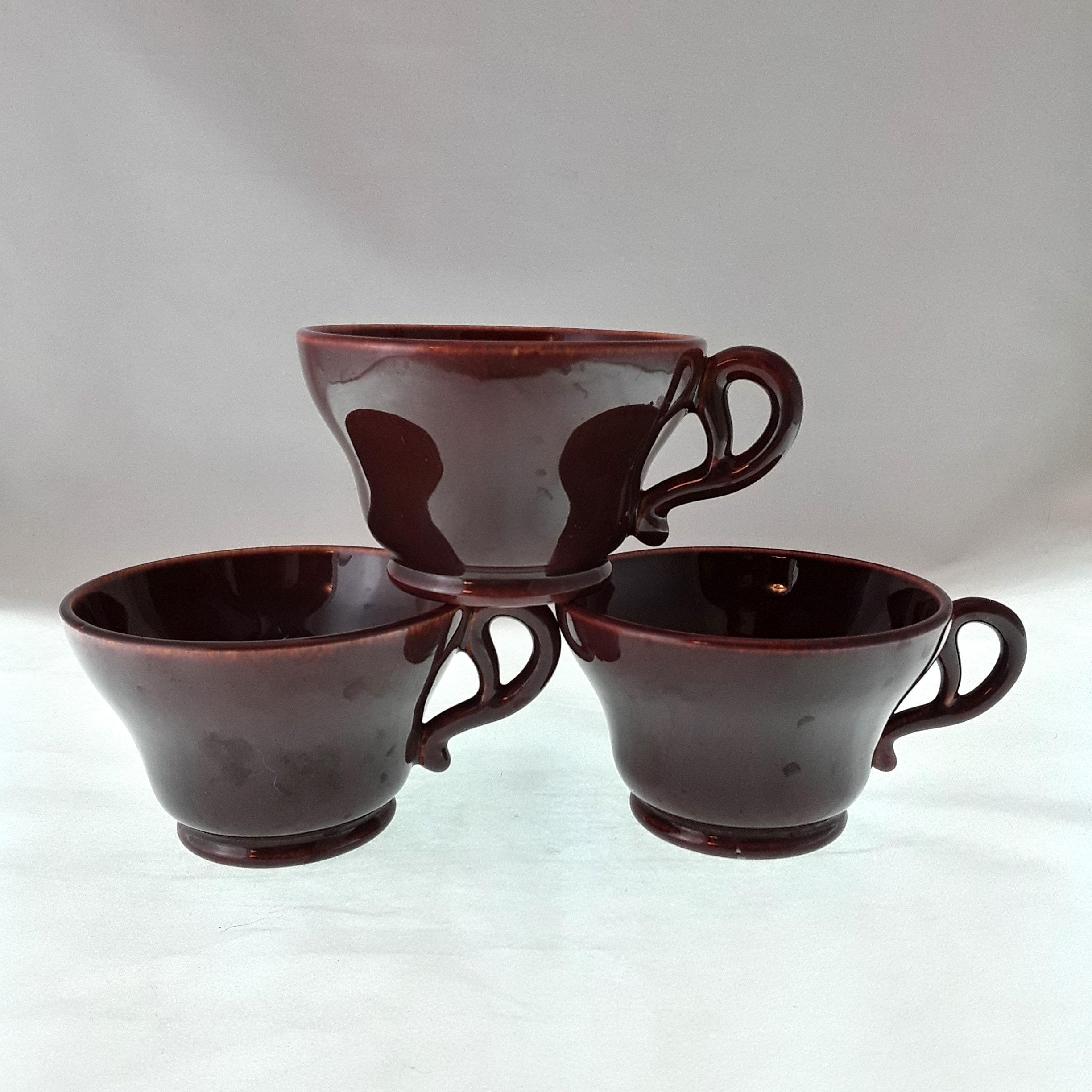 3 Vintage Franciscan El Patio Maroon Tea or Coffee Cups California Pottery