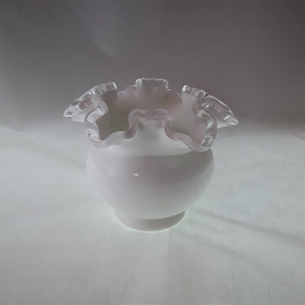 Vintage Fenton Milk White Glass Small Ruffled Silver Crest Ivy Vase Rose Bowl