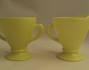 Vintage 1930s Hazel Atlas Glass Chartreuse Yellow Green Creamer & Sugar Bowl Set