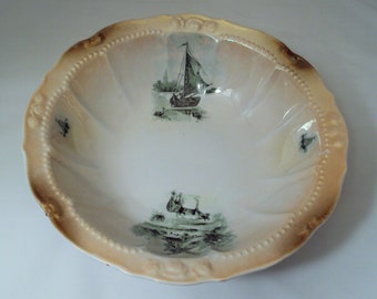 Vintage Porcelain Lustre Rim Serving Bowl Germany Windmill Ships Boats