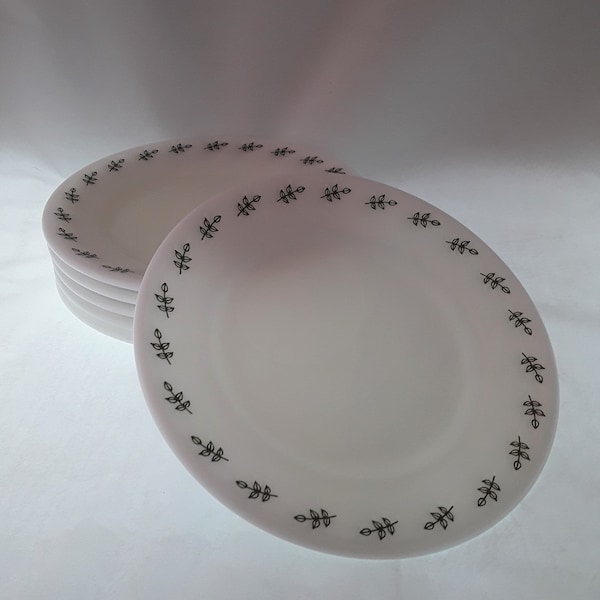 Vintage Corning Pyrex Tableware Milk Glass Restaurant Ware Green Leaf Bread Plates Set of 6