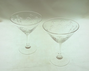 Pair Vintage Noritake Crystal Bamboo Pattern Liquor Cocktail Glasses Mini Martini