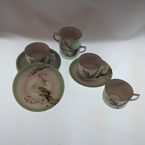 Vintage Moriage Dragonware Green Demitasse Tea Cups & Saucers Occupied Japan Set of 4