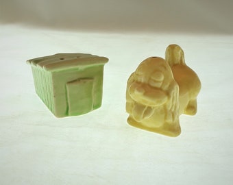 Vintage Puppy Dog and Dog House Figural Salt and Pepper Shakers