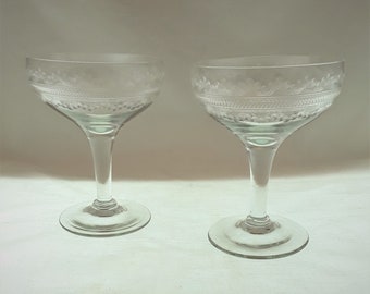 Pair of Fostoria Cloverleaf Needle Etched Saucer Champagne / Tall Sherbet Sorbet Glasses